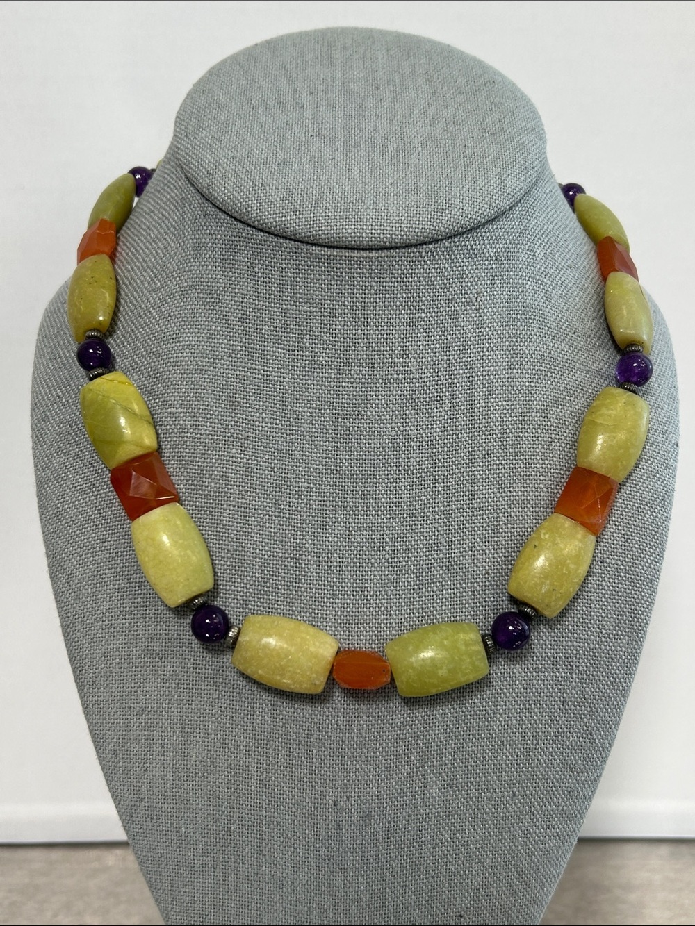Handcrafted Serpentine, Amethyst and Carnelian Necklace - Green, Orange & Purple